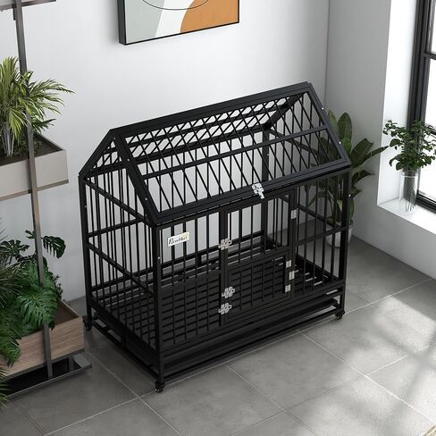PawHut 48" Heavy Duty Dog Crate, Strong Steel Large Dog Crate with 4 Lockable Wheels, Double Doors, Openable Top and Removable Tray, for Extra Large and Large Dogs, Black in Saudi Arabia