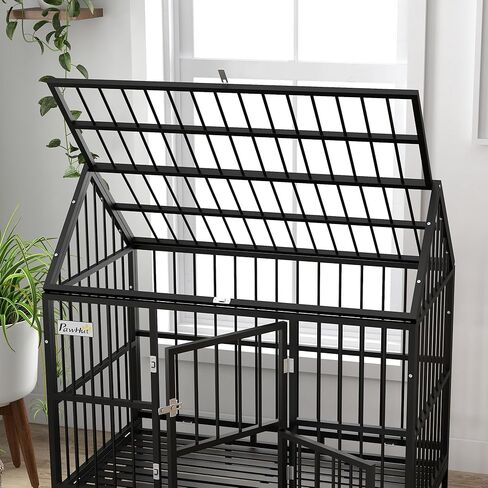 PawHut 48" Heavy Duty Dog Crate, Strong Steel Large Dog Crate with 4 Lockable Wheels, Double Doors, Openable Top and Removable Tray, for Extra Large and Large Dogs, Black in Saudi Arabia