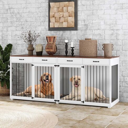 Extra Large Dog Crate with Double Rooms, 93" Heavy Duty Wooden Dog Cage Furniture Dog Crate Kennel w/Drawers & Removable Divider,Indoor Luxury Dog House for Large Dogs,Black in Kuwait