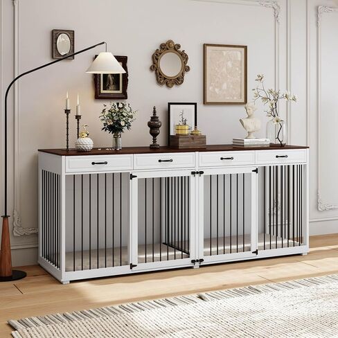 Extra Large Dog Crate with Double Rooms, 93" Heavy Duty Wooden Dog Cage Furniture Dog Crate Kennel w/Drawers & Removable Divider,Indoor Luxury Dog House for Large Dogs,Black in Kuwait