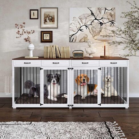 Extra Large Dog Crate with Double Rooms, 93" Heavy Duty Wooden Dog Cage Furniture Dog Crate Kennel w/Drawers & Removable Divider,Indoor Luxury Dog House for Large Dogs,Black in Kuwait