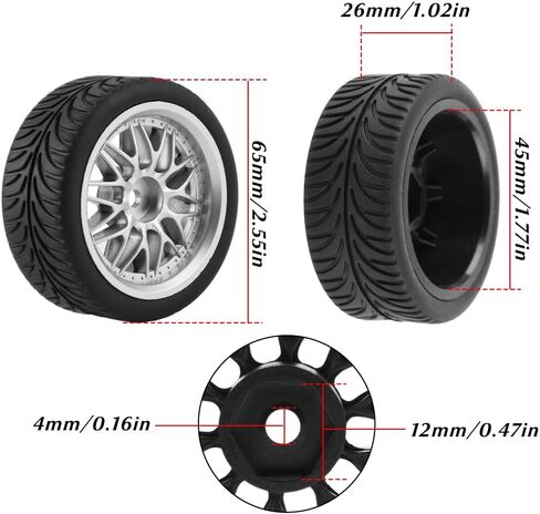 عجلات وإطارات Globact 12mm Hex OD 2.55 "الإطارات المطاطية لـ Traxxas HSP Tamiya Hpi Kyosho Redcat تتجاوز 1/10 RC على الطريق Touring Car Wltoys 144001 1/14 RC Buggy (Silver) in Saudi Arabia