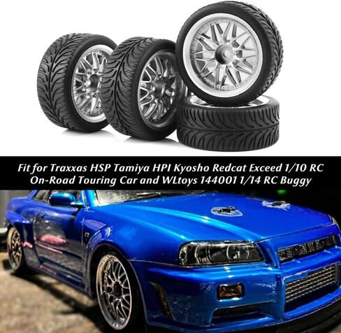 عجلات وإطارات Globact 12mm Hex OD 2.55 "الإطارات المطاطية لـ Traxxas HSP Tamiya Hpi Kyosho Redcat تتجاوز 1/10 RC على الطريق Touring Car Wltoys 144001 1/14 RC Buggy (Silver) in Saudi Arabia