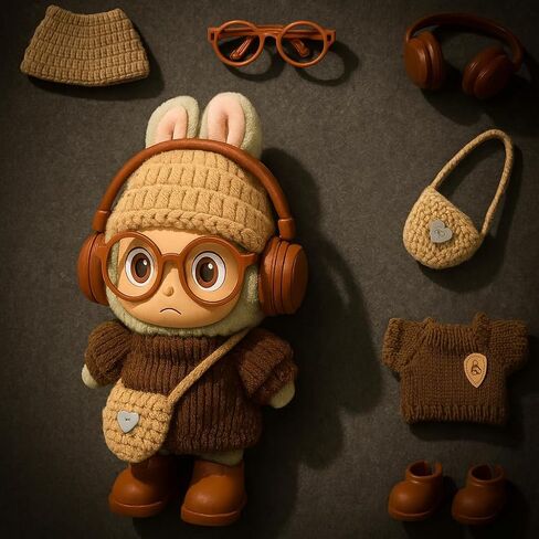 17cm Doll Clothes – 6-Piece Outfit Set with Sweater, Hat, Bag, Glasses, Shoes & Headphones – Handmade Clothing & Accessories for Mini Dolls – Doll Not Included in Saudi Arabia