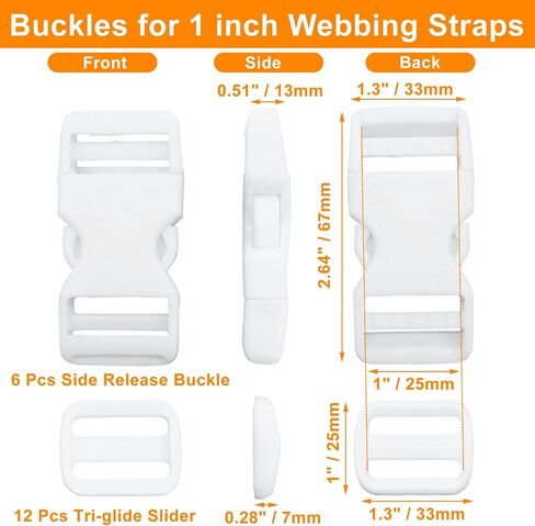 الابازيم لأشرطة 1 بوصة ، 6 أجزاء من الابواب الجانبية السريعة و 12 PCS متزلج Tri-Glide ، ومقاطع المفاجئة المزدوجة الثقيلة للخدمة الشاقة لاستبدال حقيبة الظهر من نايلون حزام الأليف (أبيض) in Kuwait