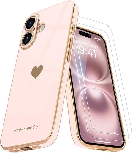 حافظة Teageo لهاتف iPhone 15 Pro مع واقي شاشة [عبوة من قطعتين] حافظة هاتف للفتيات والنساء اللطيفة على شكل قلب فاخر ذهبي ناعم لحماية الكاميرا من السيليكون المقاوم للصدمات لهاتف iPhone 15 Pro، أسود in Kuwait
