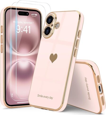 حافظة Teageo لهاتف iPhone 15 Pro مع واقي شاشة [عبوة من قطعتين] حافظة هاتف للفتيات والنساء اللطيفة على شكل قلب فاخر ذهبي ناعم لحماية الكاميرا من السيليكون المقاوم للصدمات لهاتف iPhone 15 Pro، أسود in Kuwait
