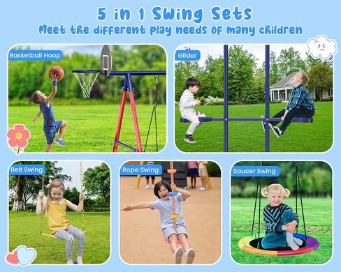 مجموعات الأرجوحة للبخار الخلفي ، 5 في 1 swingset في الهواء الطلق للبناء الخلفي للأطفال 3-12 ، مجموعة أرجوحة أطفال في الهواء الطلق مع 3 تقلبات ، طائرة شراعية وكرة السلة هوب in Saudi Arabia