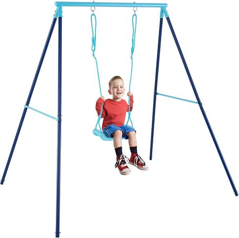 Costzon Swing Sets for Backyard, All Weather A-Frame Swing Stand Frame with Adjustable Swing Seat, Ground Stakes, Toddler Swing Set for Indoor Outdoor Garden Playground (Blue+Navy) in Saudi Arabia