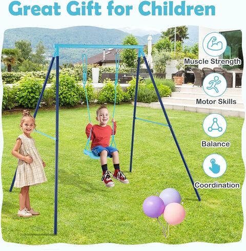 Costzon Swing Sets for Backyard, All Weather A-Frame Swing Stand Frame with Adjustable Swing Seat, Ground Stakes, Toddler Swing Set for Indoor Outdoor Garden Playground (Blue+Navy) in Saudi Arabia