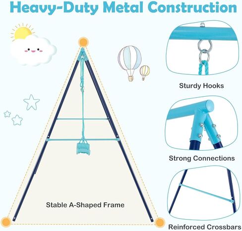 Costzon Swing Sets for Backyard, All Weather A-Frame Swing Stand Frame with Adjustable Swing Seat, Ground Stakes, Toddler Swing Set for Indoor Outdoor Garden Playground (Blue+Navy) in Saudi Arabia