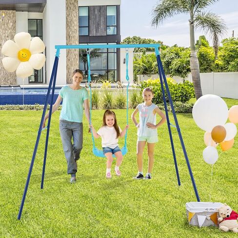 Costzon Swing Sets for Backyard, All Weather A-Frame Swing Stand Frame with Adjustable Swing Seat, Ground Stakes, Toddler Swing Set for Indoor Outdoor Garden Playground (Blue+Navy) in Saudi Arabia
