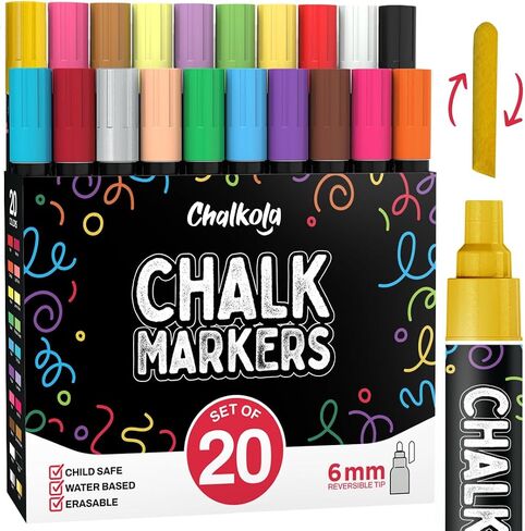 chalkola 20 علامات الطباشير السائلة للوحة السوداء (طرف قابل للانعكاس 6 مم - النيون ، الباستيل ، علامة مسح الجافة المعدنية) | أقلام الطباشير القابلة للغسل لألواح الطباشير والنافذة والسيارة والزجاج - علامات السبورة القابلة للمحو in Kuwait