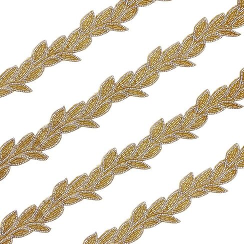 AHANDMAKER 2 Yards Beaded Leaf Ribbon Elegant Polyester Sequin Trimming 2 Inches Wide Glass Rhinestone Ribbons Inelastic Lace Trim for Bridal Dress Sewing Trim DIY Fashion Accessories in Saudi Arabia