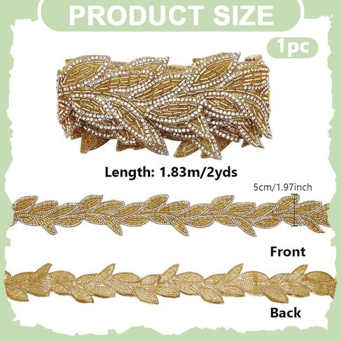 AHANDMAKER 2 Yards Beaded Leaf Ribbon Elegant Polyester Sequin Trimming 2 Inches Wide Glass Rhinestone Ribbons Inelastic Lace Trim for Bridal Dress Sewing Trim DIY Fashion Accessories in Saudi Arabia