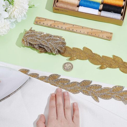 AHANDMAKER 2 Yards Beaded Leaf Ribbon Elegant Polyester Sequin Trimming 2 Inches Wide Glass Rhinestone Ribbons Inelastic Lace Trim for Bridal Dress Sewing Trim DIY Fashion Accessories in Saudi Arabia