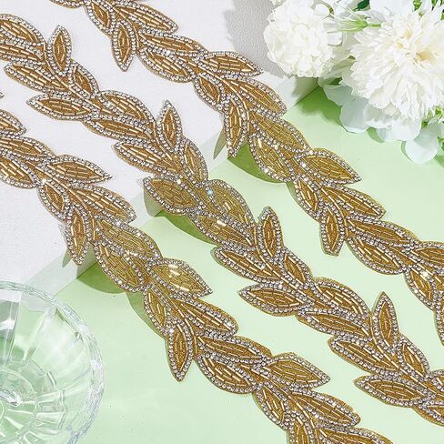 AHANDMAKER 2 Yards Beaded Leaf Ribbon Elegant Polyester Sequin Trimming 2 Inches Wide Glass Rhinestone Ribbons Inelastic Lace Trim for Bridal Dress Sewing Trim DIY Fashion Accessories in Saudi Arabia