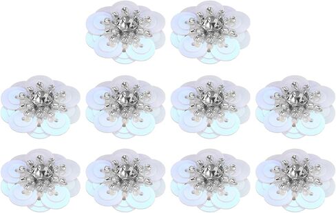 uxcell 10Pcs Sequin Beaded Flowers Patches, 30mm Handmade Paillette Crystal Applique Sewing Beaded Flower Applique for Dress Bags Headband Decor, Silver in Saudi Arabia