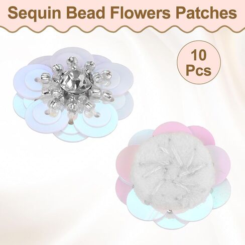uxcell 10Pcs Sequin Beaded Flowers Patches, 30mm Handmade Paillette Crystal Applique Sewing Beaded Flower Applique for Dress Bags Headband Decor, Silver in Saudi Arabia