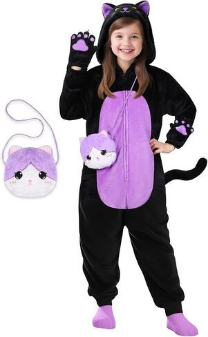 Joycover Black Cat Costume for Girls, Kids Hooded Cat Noir Onesie with Purse Bag, Girls Halloween Costumes for Kids Age 5-10 in Kuwait