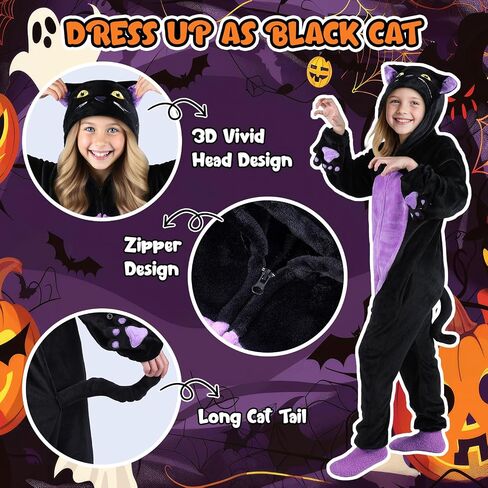 Joycover Black Cat Costume for Girls, Kids Hooded Cat Noir Onesie with Purse Bag, Girls Halloween Costumes for Kids Age 5-10 in Kuwait