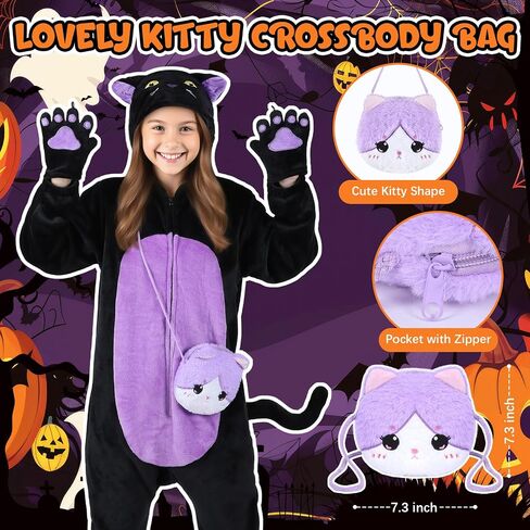 Joycover Black Cat Costume for Girls, Kids Hooded Cat Noir Onesie with Purse Bag, Girls Halloween Costumes for Kids Age 5-10 in Kuwait