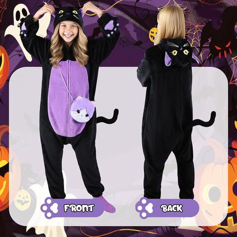 Joycover Black Cat Costume for Girls, Kids Hooded Cat Noir Onesie with Purse Bag, Girls Halloween Costumes for Kids Age 5-10 in Kuwait