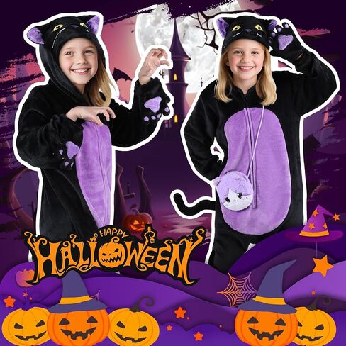 Joycover Black Cat Costume for Girls, Kids Hooded Cat Noir Onesie with Purse Bag, Girls Halloween Costumes for Kids Age 5-10 in Kuwait