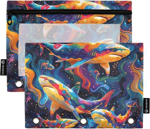 2 Pack 3 Ring Binder Pencil Pouch Psychedelic Shark Pencil Case Pencil Bags with Zipper, Clear PVC Binder Pockets for Office Daily Supplies in Saudi Arabia