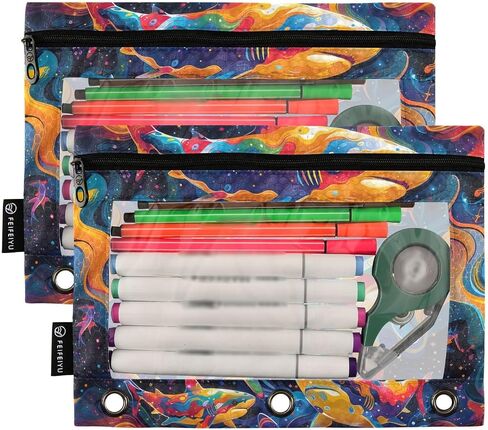 2 Pack 3 Ring Binder Pencil Pouch Psychedelic Shark Pencil Case Pencil Bags with Zipper, Clear PVC Binder Pockets for Office Daily Supplies in Saudi Arabia