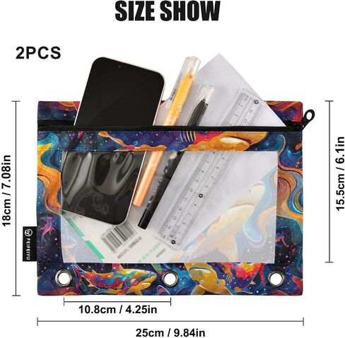 2 Pack 3 Ring Binder Pencil Pouch Psychedelic Shark Pencil Case Pencil Bags with Zipper, Clear PVC Binder Pockets for Office Daily Supplies in Saudi Arabia