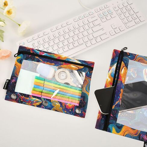2 Pack 3 Ring Binder Pencil Pouch Psychedelic Shark Pencil Case Pencil Bags with Zipper, Clear PVC Binder Pockets for Office Daily Supplies in Saudi Arabia