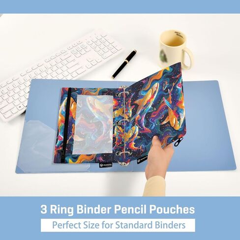 2 Pack 3 Ring Binder Pencil Pouch Psychedelic Shark Pencil Case Pencil Bags with Zipper, Clear PVC Binder Pockets for Office Daily Supplies in Saudi Arabia