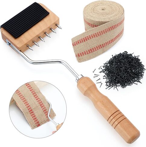 أداة تنجيد Lanties SET-3.5 "Burlap Jute Wabbing Tape 10 ياردة ، مقبض خشب الحزام المتشابك ، 115pcs 1/2 in Saudi Arabia