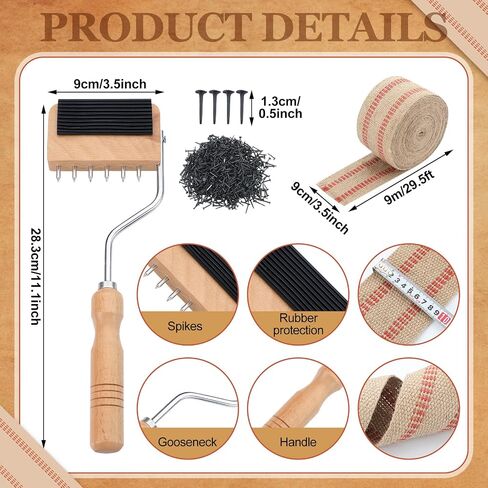 أداة تنجيد Lanties SET-3.5 "Burlap Jute Wabbing Tape 10 ياردة ، مقبض خشب الحزام المتشابك ، 115pcs 1/2 in Saudi Arabia