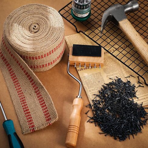 أداة تنجيد Lanties SET-3.5 "Burlap Jute Wabbing Tape 10 ياردة ، مقبض خشب الحزام المتشابك ، 115pcs 1/2 in Saudi Arabia
