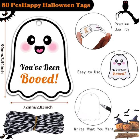 80 PCS Halloween Tags with String ، لقد تم Booed Gifts Tag ، علامات Happy Halloween for Goodie Ghost Boo Gifts for Presents Party Form in Kuwait