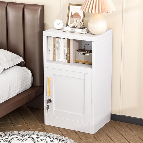Metal Nightstand with Lockable Door and Adjustable Shelf, Small Storage Locker with Open Countertop, Versatile Side Table for Office, Bedroom, and Living Room, White in Saudi Arabia