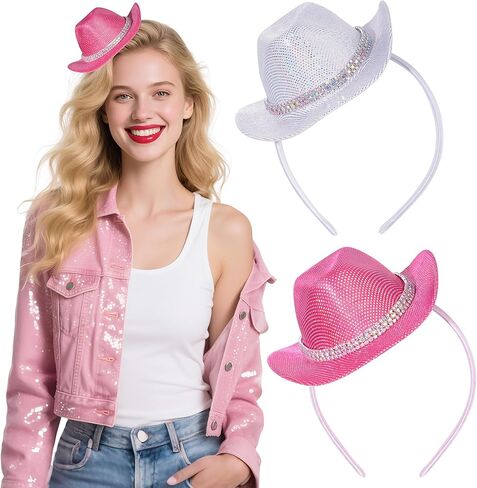 Mini Cowboy Hats Headband Glitter Pink Cowgirl Hat Headband Western Disco Party Decors Cosplay Costume Accessories in Saudi Arabia