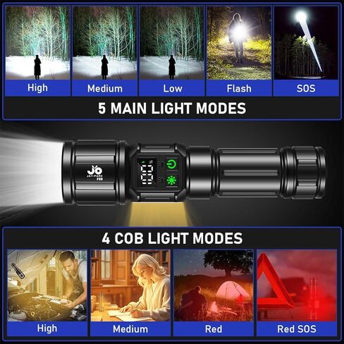 مصابيح JAY-PARK عالية لومن قابلة لإعادة الشحن، مصباح يدوي LED قابل لإعادة الشحن فائق السطوع 250000 لومن، مصباح يدوي قوي مع ضوء جانبي COB للتخييم، وانقطاع التيار الكهربائي in Kuwait