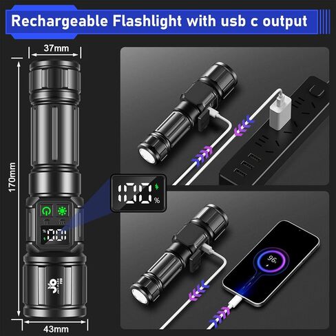 مصابيح JAY-PARK عالية لومن قابلة لإعادة الشحن، مصباح يدوي LED قابل لإعادة الشحن فائق السطوع 250000 لومن، مصباح يدوي قوي مع ضوء جانبي COB للتخييم، وانقطاع التيار الكهربائي in Kuwait