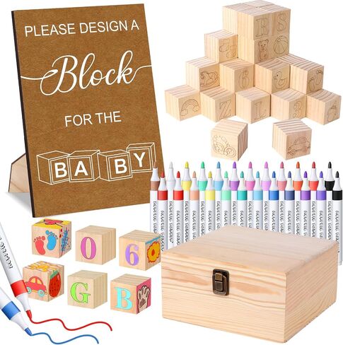 Baby Shower Blocks Game Set with Wooden Box, Acrylic Markers & Wooden Sign for Baby Shower Games, Gender Reveal & Decorations (GreenLeaves) in Kuwait