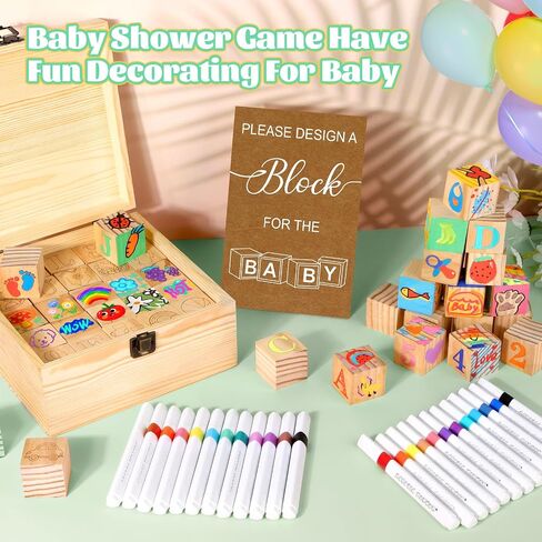 Baby Shower Blocks Game Set with Wooden Box, Acrylic Markers & Wooden Sign for Baby Shower Games, Gender Reveal & Decorations (GreenLeaves) in Kuwait