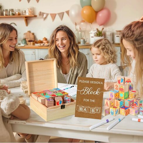 Baby Shower Blocks Game Set with Wooden Box, Acrylic Markers & Wooden Sign for Baby Shower Games, Gender Reveal & Decorations (GreenLeaves) in Kuwait