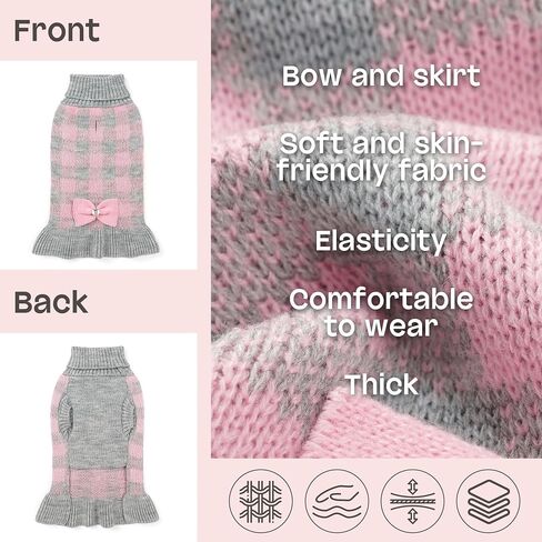 YUDODO Small Dog Sweater Dress Puppy Sweaters Knitwear with Bowtie Pet Turtleneck Pink Plaid Warm Clothes for Small Dogs Girls Leash Hole Pink M in Saudi Arabia
