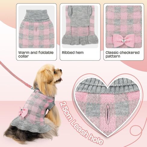 YUDODO Small Dog Sweater Dress Puppy Sweaters Knitwear with Bowtie Pet Turtleneck Pink Plaid Warm Clothes for Small Dogs Girls Leash Hole Pink M in Saudi Arabia