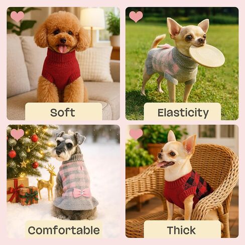 YUDODO Small Dog Sweater Dress Puppy Sweaters Knitwear with Bowtie Pet Turtleneck Pink Plaid Warm Clothes for Small Dogs Girls Leash Hole Pink M in Saudi Arabia