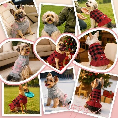 YUDODO Small Dog Sweater Dress Puppy Sweaters Knitwear with Bowtie Pet Turtleneck Pink Plaid Warm Clothes for Small Dogs Girls Leash Hole Pink M in Saudi Arabia