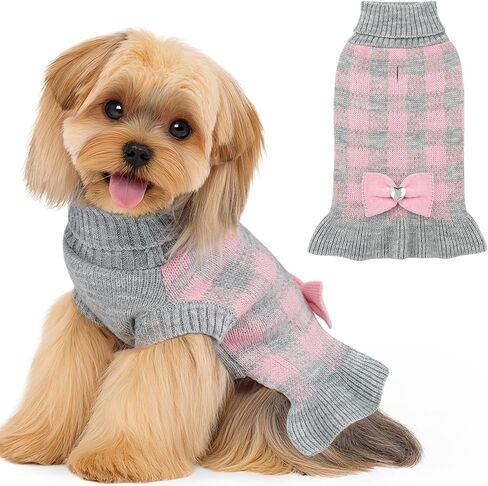 YUDODO Small Dog Sweater Dress Puppy Sweaters Knitwear with Bowtie Pet Turtleneck Pink Plaid Warm Clothes for Small Dogs Girls Leash Hole Pink M in Saudi Arabia