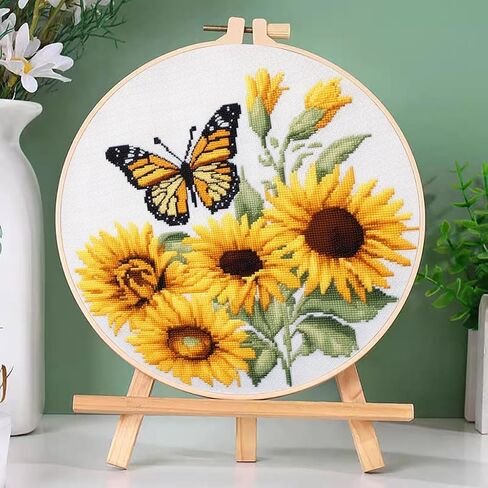 DIY Cross Stitch Kits Sunflower and Butterfly Easy for Beginners with Hoop 11CT Needlepoint Embroidery Counted Stamped Cross Stitch Set Craft Wall Decor 20x20cm(1) in Saudi Arabia